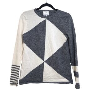 Edinburgh Knitwear 100% Cashmere Geometric Abstract Gray White Knit Sweater Sz M